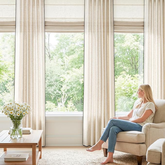 jinchan Beige Linen Curtains with Black Trim Back Tab 50 x 84 Inch 2 Panels | Semi sheer light filtering, modern farmhouse curtains for living room and bedroom, back tab rod pocket, machine washable