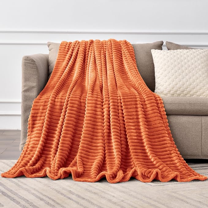 BEDELITE 3D Ribbed Burt Orange Fall Throw Blanket for Couch, 50x60 Inch | Soft Warm Decorative Fluffy Blanket, Cozy Plush Lightweight Fuzzy Throw Blanket for Bed Sofa Room Fall Decor, Gift for Women