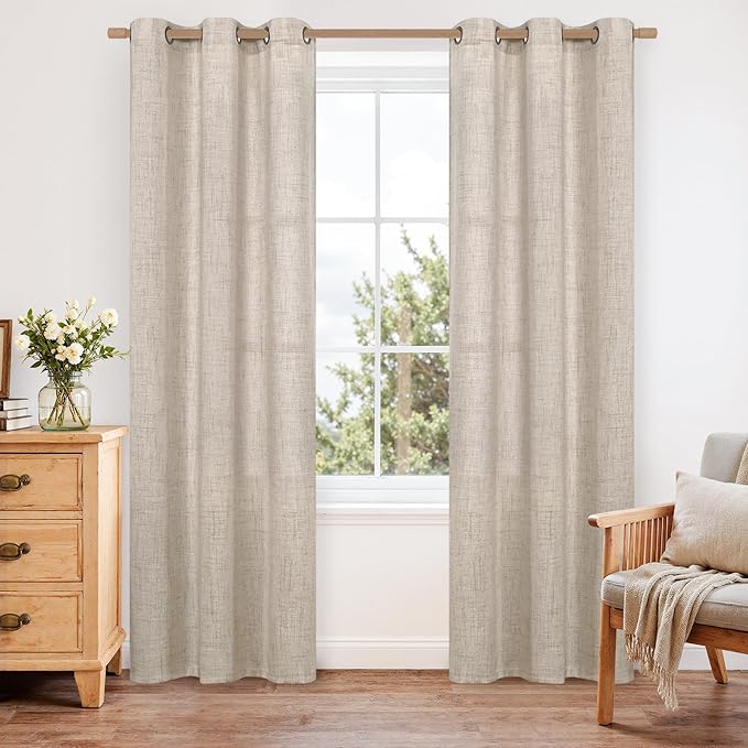 YoungsTex Natural Linen Curtains 42 X 84 Inch Long for Living Room 2 Panels | Bronze Grommet Semi Sheer Drapes Rustic Light Filtering for Dining Bedroom, 42 X 84 Inch