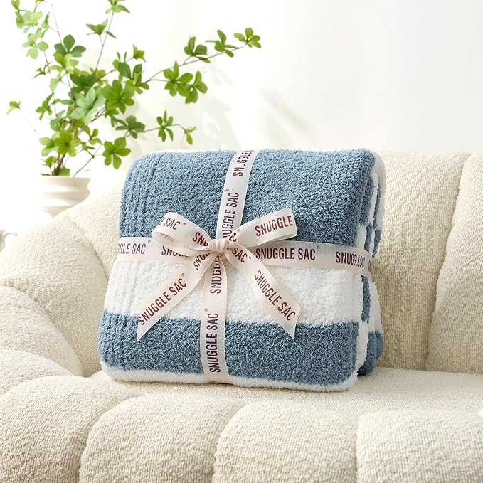 Snuggle Sac Blue Striped Throw Blanket, 50x60 Soft Reversible Fuzzy Knit Throw for Couch, Sofa, Bed, Travel, Cozy Plush Microfiber Blanket for Women & Gift Giving