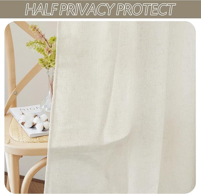 RYB HOME Linen Sheer Curtains 2 Panels for Living Room, Semi Transparent Privacy Drapes with Rod Pocket Farmhouse Style Window Treatments for Bedroom, Linen, 52" W x 90" L