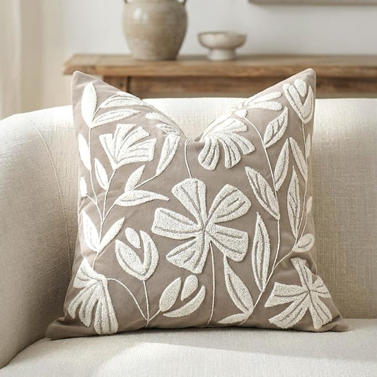 BlissBlush Decorative Throw Pillow Cover 20x20, Light Taupe Velvet Accent Cushion Cover for Couch Sofa Living Room, Floral Tufted Square Pillowcase (Cover Only)