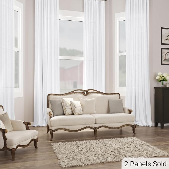 White Linen Curtains 102 Inch Length for Living Room Bedroom 2 Panels Set Rod Pocket Light Filtering Semi Sheer Window Curtains 52 Inch Width Boho Farmhouse Linen Drapes, W52xL102