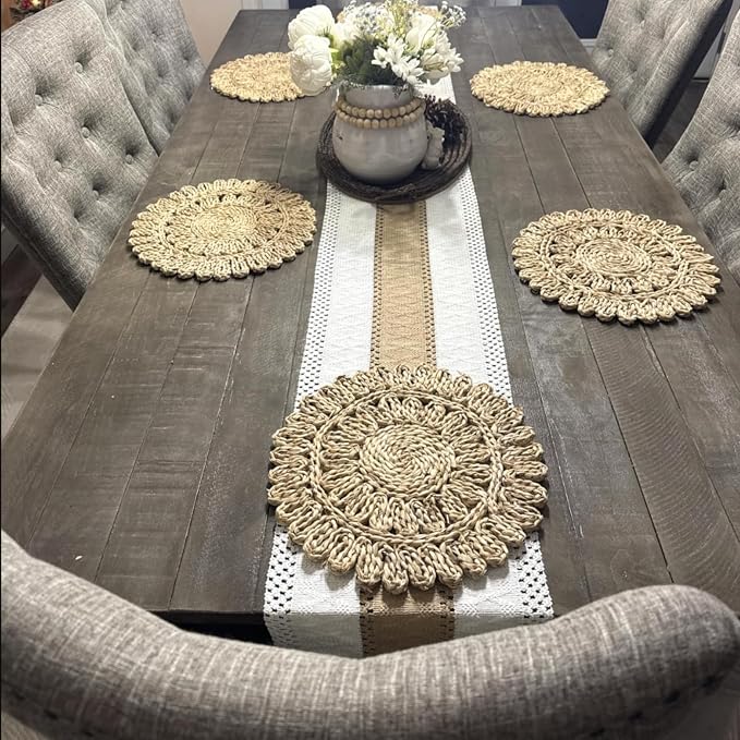 13.8" Corn Husk Woven Round Placemats Set of 6 - Wicker Boho Farmhouse Placemats - Rattan Table Mats for Dining Table, Wedding, Home