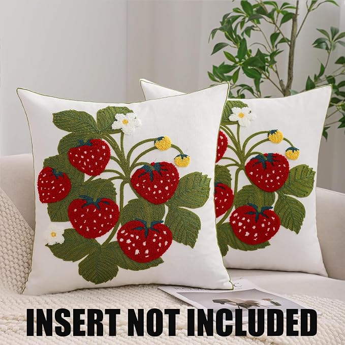 Embroidered Throw Pillow Covers 18x18 inch Pack of 2 Red Strawberry with Green Leaves Floral Pillowcases Farmhouse Pillow Cushion Cases Summer Home Decor for Sofa Bed Living Room