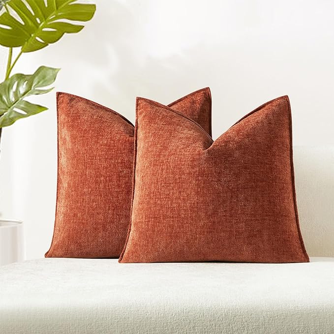 24x24 Chenille Decorative Throw Pillow Covers Case Set of 2,Burnt Orange | Cozy Soft Cushion Covers Case with Hidden Zipper for Couch Sofa Bed Home Decor Living Room