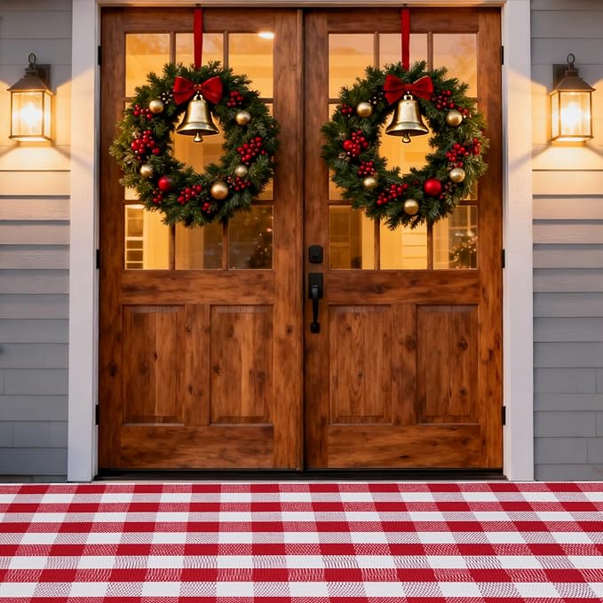 Christmas Buffalo Plaid Rug 5x7 Ft, Red White Indoor Outdoor Rug | Cotton Blend, Hand-Woven Look, Machine Washable, Layering Rug, Porch Entryway Decor