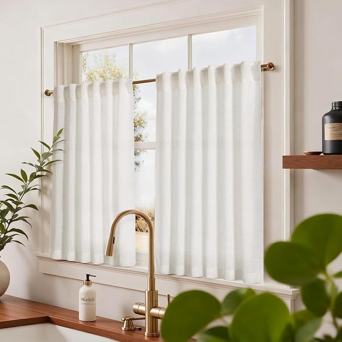 Jowels Natural Linen Curtains 42 Inch Long 2 Panels for Living Room | Ivory Light Filtering Sheer Curtain,Back Tab Pocket Pleated Look,Modern Farmhouse Textured Privacy Drapes for Bedroom Window