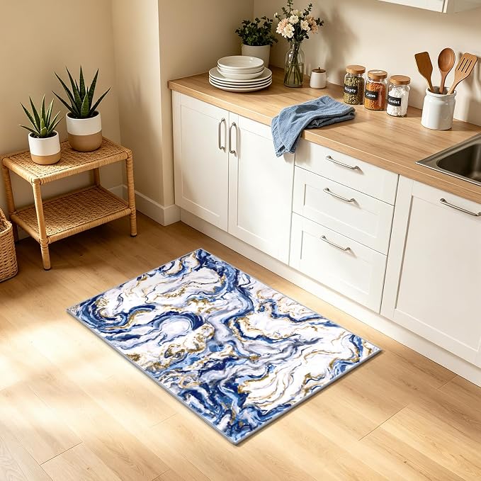 Yamaziot 2x3 Washable Modern Abstract Area Rug Non-Slip Entryway Rug | Stain Resistant Kitchen Rug with Rubber Backing, Low Pile, Ultra Soft Carpet Runner for Bedroom, Laundry, Entrance,Blue