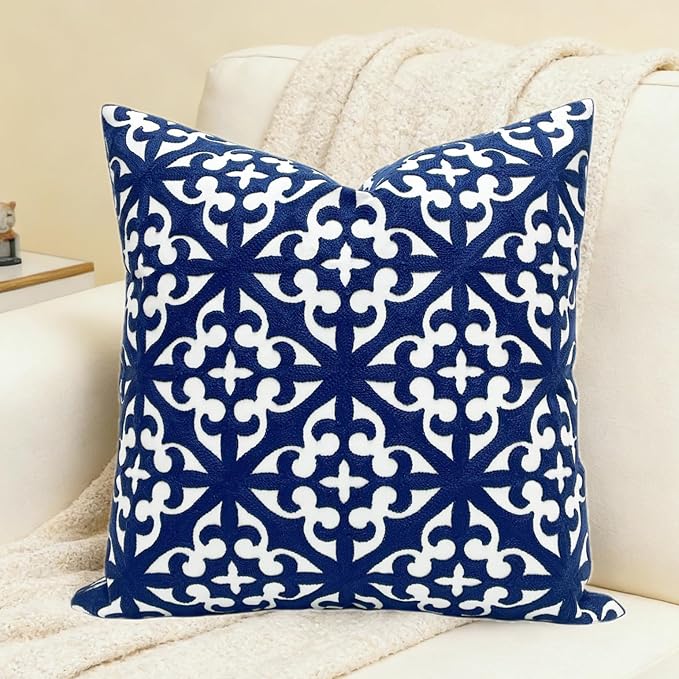 Slow Cow Embroidery Decorative Throw Pillow Cover for Couch Sofa Bedroom Accent Pillow Cushion Cover 20 x 20 Inches Navy Blue