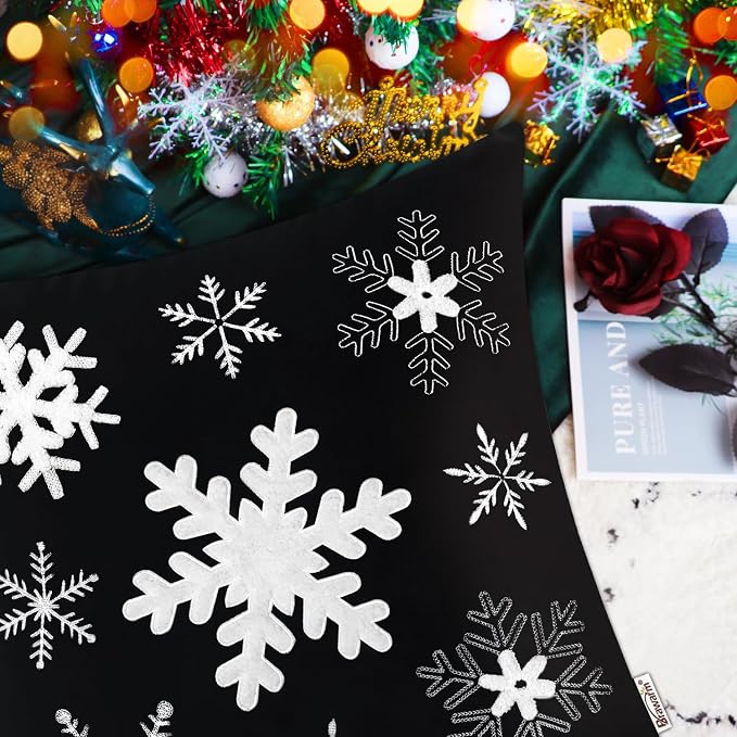 BRAWARM Christmas Pillow Cover 20 X 20 Inches, Black Snowflake Embroidered Pillow Cover, Soft Velvet Decorative Throw Pillow for Couch Bed Sofa Living Room Home