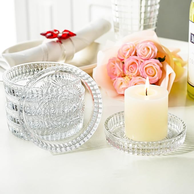 Set of 6 Pillar Candle Holders, Glass Candle Plates