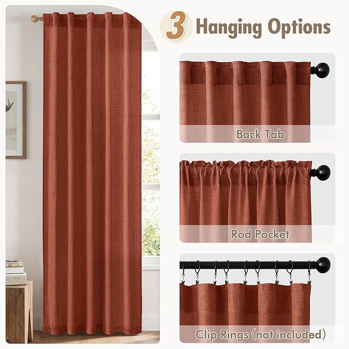 MIULEE Faux Linen Curtains 84 Inch Length 2 Panels Natural Burnt Orange Semi Sheer Curtain with Back Tab Rod Pocket, Light Filtering Window Privacy Burlap Drapes for Living Room Bedroom 42W x 84L