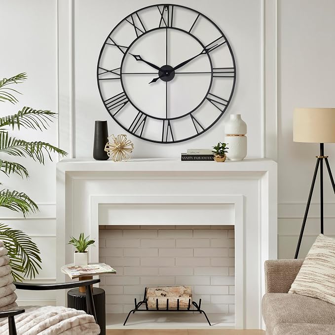 CLXEAST Large 30 Inch Wall Clocks for Living Room Decor, Roman Numeral | Battery Operated,Oversized Black Metal Wall Clock for Dinning Room,Entryway & Home Decor