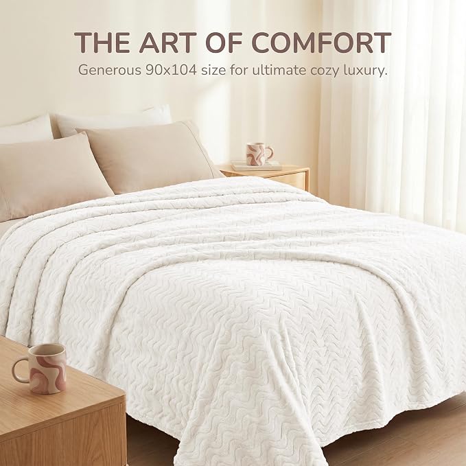 Exclusivo Mezcla Soft Fleece Blanket King Size for Bed, Sofa, Ivory | 90"x104" Breathable Lightweight Flannel Blanket for Summer, Plush Cozy Jacquard Wave for Home Decor