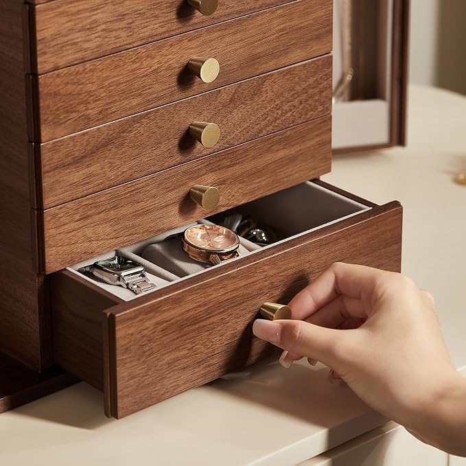 Black Walnut Wooden Jewelry Box for Women, 6 Layer | Locking Large Wood Jewelry Organizer with 2 Side Doors & Mirror, For Watch Necklace Ring Earring, Velvet-Lined, Gift
