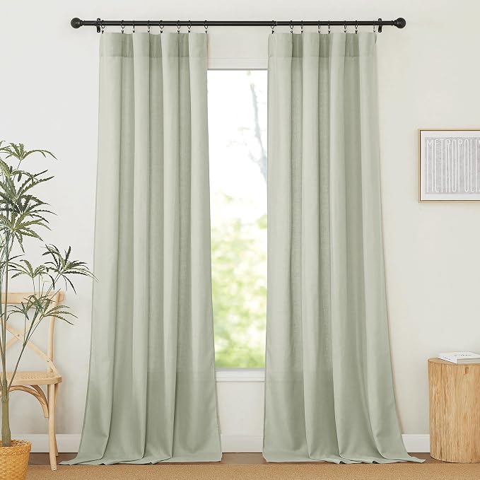 RYB HOME Linen Sheer Curtains 2 Panels for Living Room, Semi Transparent Privacy Drapes with Rod Pocket Farmhouse Style Window Treatments for Bedroom, Sage Green, 52" W x 90" L