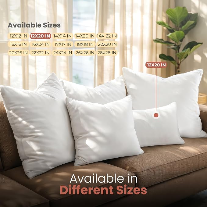 Utopia Bedding 12x20 Pillow Inserts, White Throw Pillows for Couch, 2 Pack | Indoor cushion inserts for bed, sofa & couch, Supportive & fluffy decorative pillows for everyday comfort, Set of 2, White