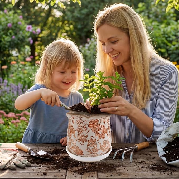 Ceramic-Planters-for-Indoor-Plants with Saucer, 6 inch Vintage Ice Crackle Glaze Plant Pots with Drainage Holes, Decorative Flower Pots for Outdoor Garden Home Decor, Tuscan Pot for Plant