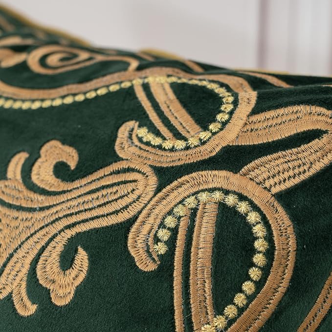 Aeckself European Floral Pillow Cover 24x24 Inch, Large Luxury Velvet Embroidered Decorative Throw Pillow Cover for Couch Bedroom Living Room, Dark Emerald Green and Gold, OBYG-Teal6060