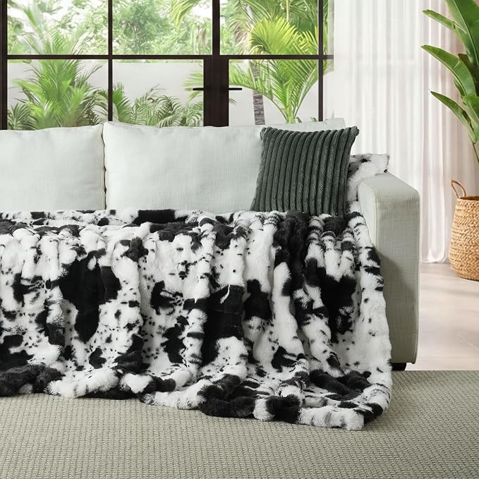 Lotus Karen Faux Fur Throw Blanket Cow Print-Black, Fluffy Fuzzy Plush Bubble Blanket for Couch, 80x60 Inches Cozy Shaggy Rabbit Blanket, Luxury Decorative Gifts for Sofa Bedroom Living Room.
