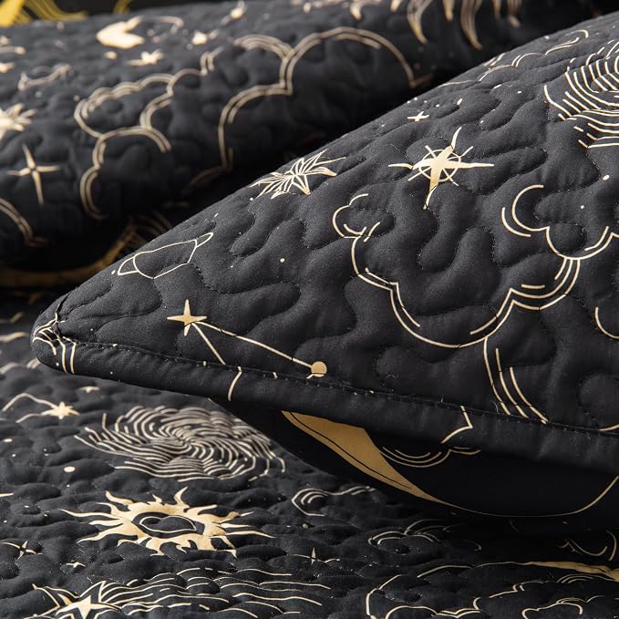EXQ Home Quilt Set Twin Size Black Print Black Sun Starry Pattern | Soft Microfiber Bedspread, Breathable & Wrinkle-resistant Coverlet. All-season Use for Hot Sleepers. 2-pc Set with 1 Sham