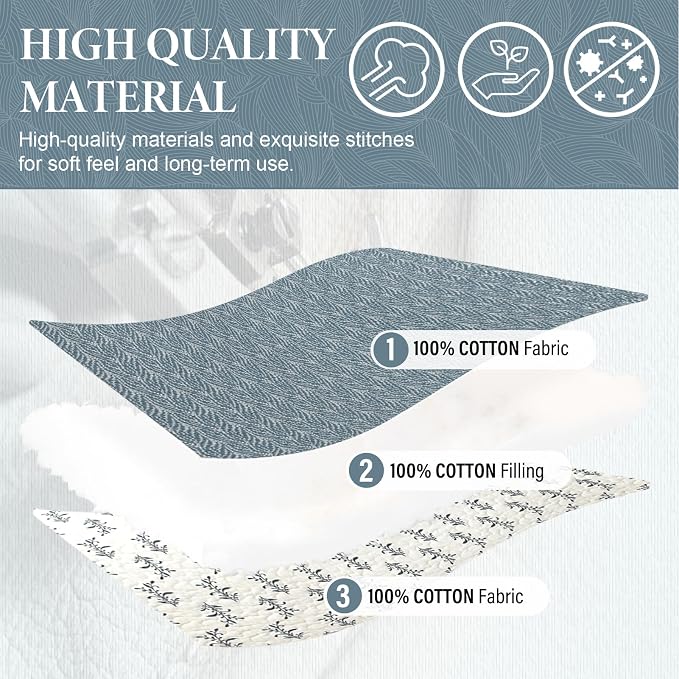 SahSahCasa Quilt Set King Size, 100% Cotton Quilt Bedding Set Bedspread, Botanical Pattern Solid Color Chic Lightweight Quilted Comforter for King Bed, White/Grayish-Blue, All Season, 3 Pieces