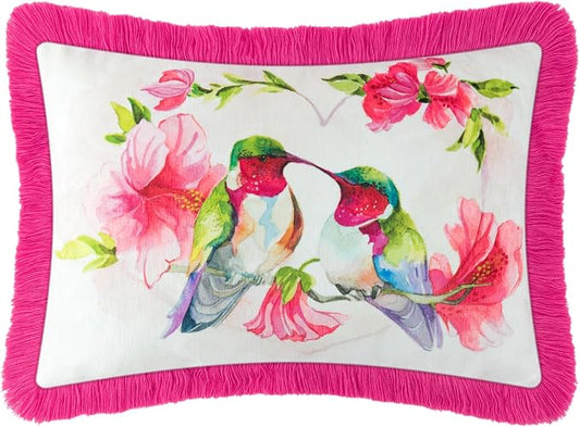 JWH Hot Pink Flower Print Pillow Cover Decorative Love Birds Accent Cushion Lumbar Pillowcase with Hummingbirds and Fringe for Home Couch Car Bed Living Room Chair 14x20 Inches Beige