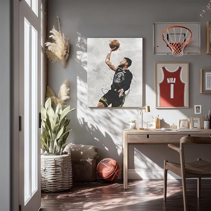 Stephen Curry Basketball Canvas Wall Art, Sports Player Poster, 12x16 Inch | Abstract splash ink athletic artwork, motivational sports wall decor for teen boys room, bedroom, living room, gym or office