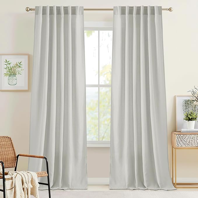 RYB HOME Linen Sheer Curtains for Living Room Bedroom, Back Tab 120 inches Farmhouse Boho Rustic Decoration for Dining Room Nursery, Grey, W 52 x L 120 inches, 2 Panels Set