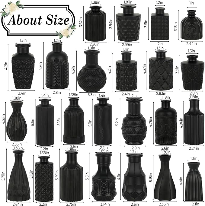 TBWIND 24PCS Black Glass Bud Vases Set | Small Vintage Flower Vases, Mini Rustic Vases, For Wedding Table Decor, Centerpieces, For Home, Shelves, Windowsills