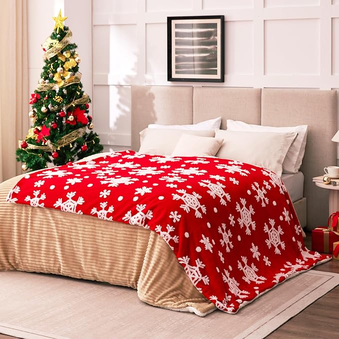 Red Sherpa Blanket - Snowflakes Throw Blanket for Couch, Warm Winter Cabin Throw, Premium Microfiber & Soft Touch, Plush & Fluffy, Warm & Cozy, Sofa, Bed, 50"x60"