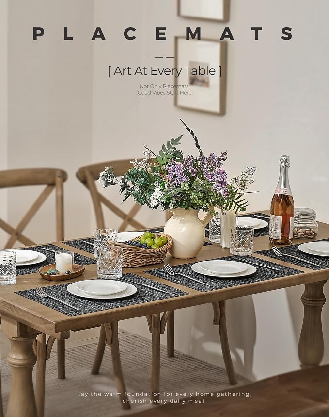Leetaltree Black and Grey Woven Placemats Set of 8 - Heat Resistant Non-Slip Place mats for Dining Table, Washable Durable PVC Vinyl Woven Table Mats(Black & Grey, 8)