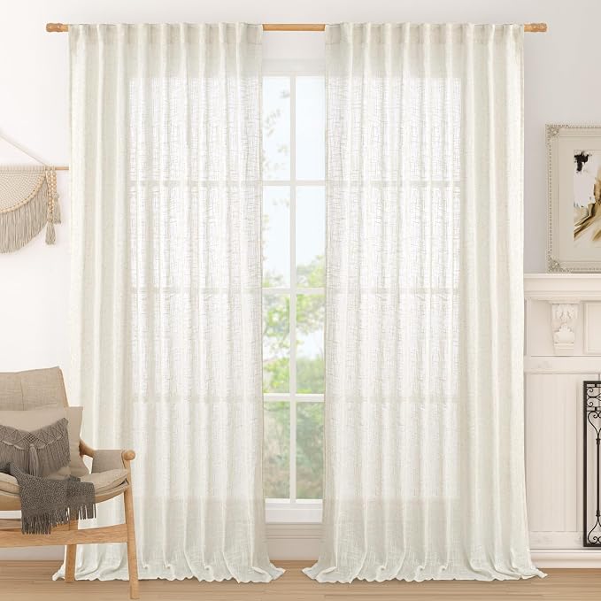 Extra Wide Linen Curtains for Bedroom Semi Sheer Panels 84 Inch | Cream, Light Filtering, Faux Linen, Rod Pocket Back Tab, Drapes for Living Room, French Door, 2 Panels, 70 x 84 Inch