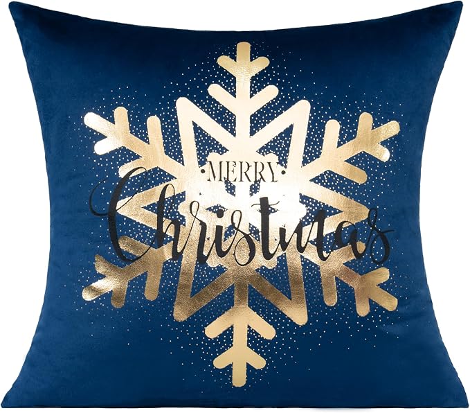 All Smiles Navy Bule Gold Christmas Decorations Throw Pillow Covers Cases 20X20 Set of 4 Winter Xmas Indoor Home Holiday Décor Ornaments Velvet Navidad Cushion for Sofa Tree Snowflake Reindeer