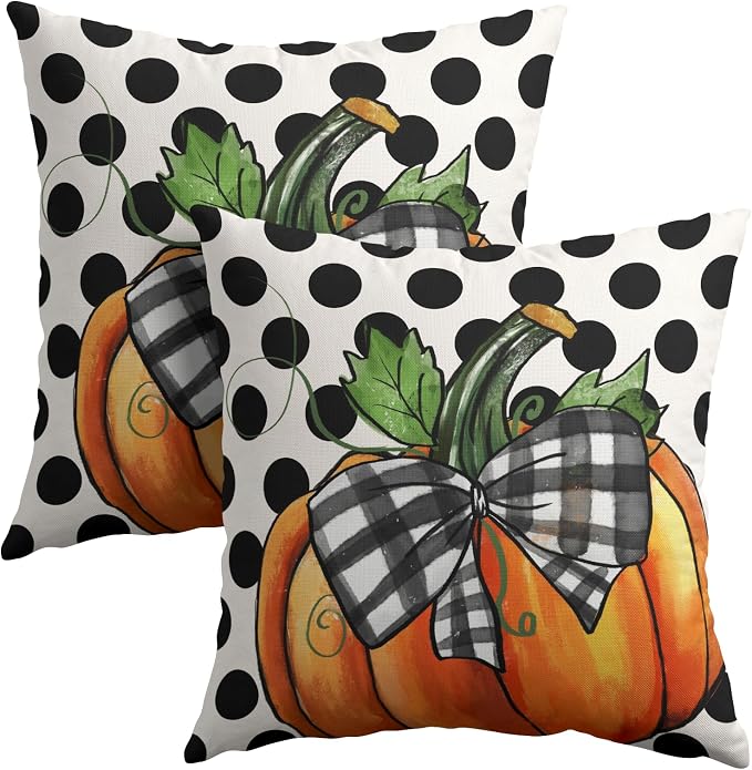 Fall Outdoor Pillows Covers 18x18 Inch Set of 2 Orange Pumpkin Black Polka Dot Decorative Throw Pillowcase Autumn Thanksgiving Seasonal Cushion Case Farmhouse Cotton Linen Pillow Cover for Home Patio