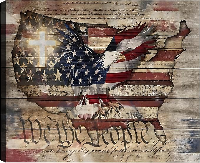 Framed We The People Bald Eagle USA Map Wall Art, Patriotic American Flag Canvas Art Pictures, Patriotic Wall Decor for Office Living Room Man Cave, Ready to Hang Made in USA