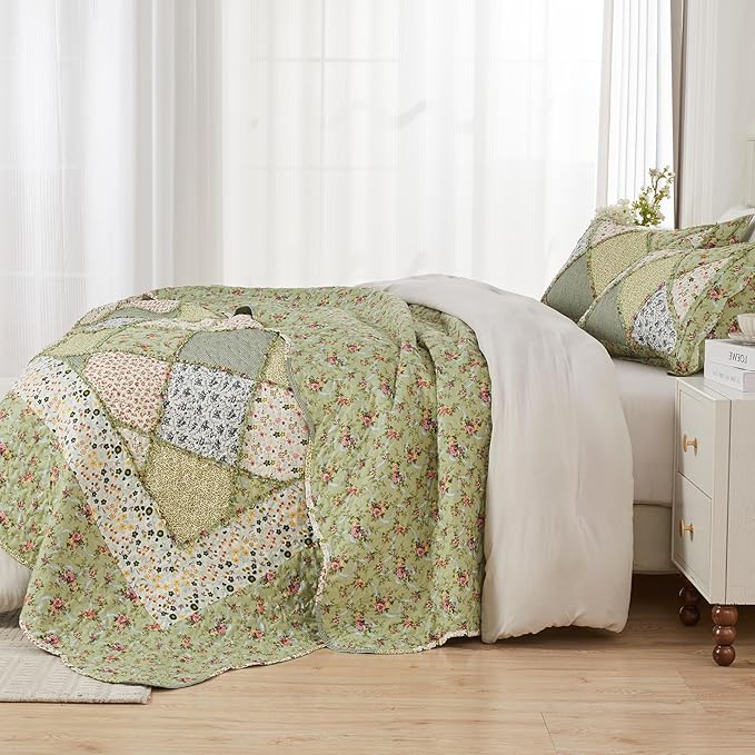 Full/Queen Size Quilt Set Green Floral Patchwork Bedspreads Coverlet Set | VIVILINEN 3-Piece Reversible Floral Bedding Set Lightweight Comforter Queen Bed Sheet Set Cover Blanket with 2 Pillow Shams