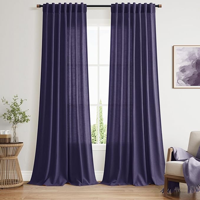 Purple Linen Blend Light Filtering Back Tab Curtains 96 Inches Long, Semi Sheer Privacy Drapes for Living Room & Bedroom, 52x96 inch, 2 Panels