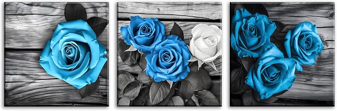 NAN Wind Blue Wall Decor for Living Room Blue Bathroom Accessories Black and White Canvas Wall Art Blue Rose Pictures Bedroom Decor Modern Painting Kitchen Home Decorations 14x14 3 Pcs/Set