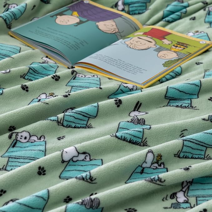 Berkshire Peanuts® VelvetLoft® Cute Character Snoopy Plush Throw Blanket,Regular Snoopy Dog House Poses & Paws Closed in Sage,Throw 55 in x 70 in (Official Peanuts® Product)