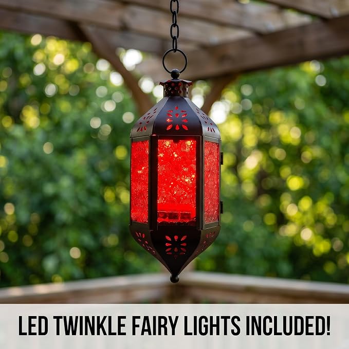 Vela Lanterns Hanging Moroccan Lantern with LED Twinkle Fairy Lights - Exotic Decorative Patio & Porch Decor, Indoor Outdoor Candle Lamp Holder with Chain (13" Large, Red Glass)