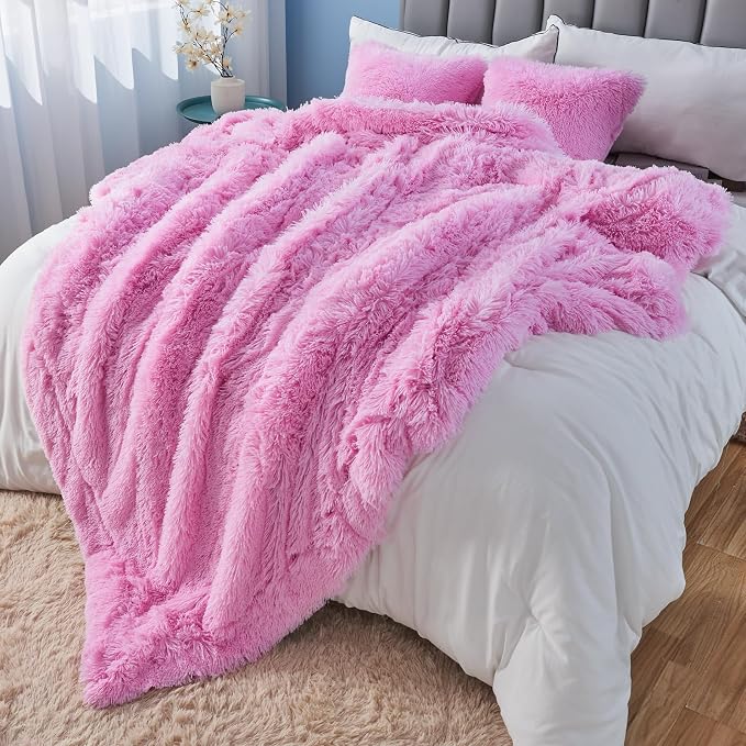 GONAAP Fuzzy Faux Fur Queen Blanket for Couch, Light Pink, 90"x90" | Warm Cozy Plush Shaggy Decorative Reversible Thick Non-Heated Fleece Blanket for Sofa Bed, Gift for Women Men, All Season Use