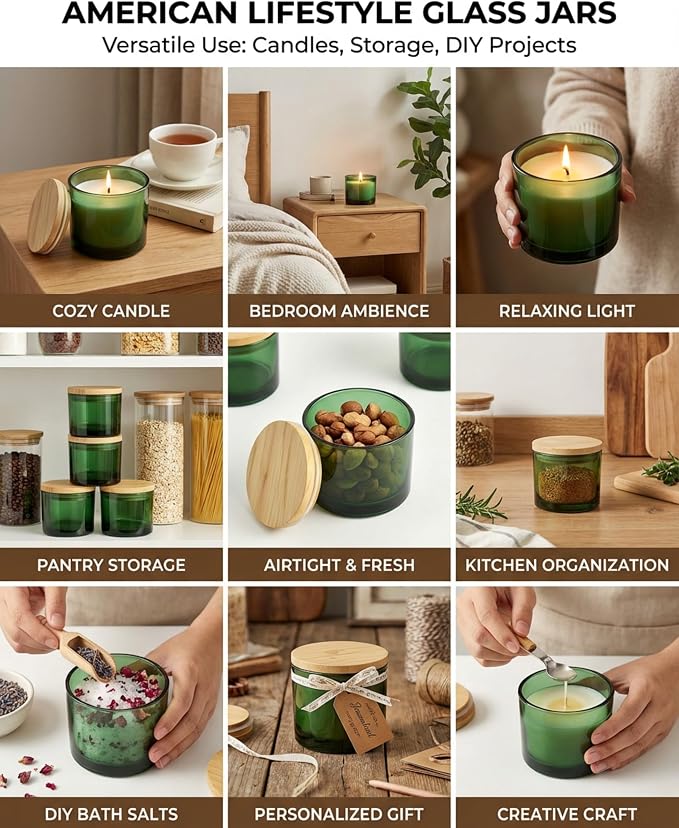 GLATABAM 4 OZ Candle Jars 12 Pack - Bulk Glass Candle Making Jars with Bamboo Lids & Labels, Heat Resistant Empty Reusable Candle Vessel for Containers(Green)