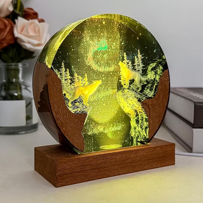 Handmade Resin 3D Wolf Resin Lamp with Wooden Base