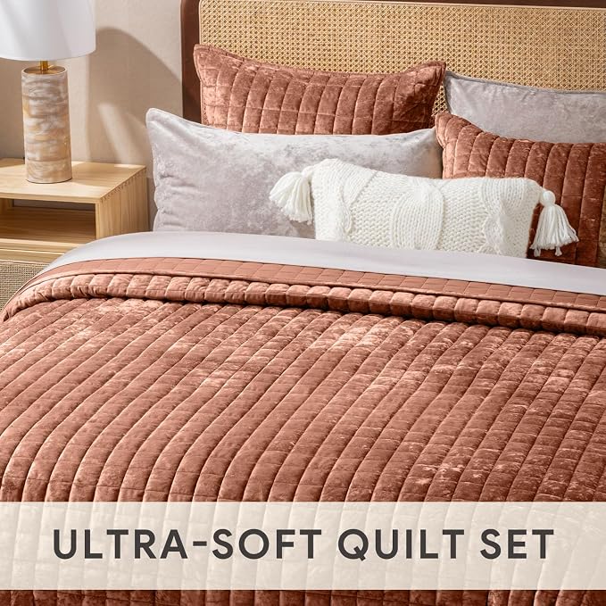 RECYCO Channel Box Stitch Velvet Quilt Set, King Size, Terracotta | Ultra Soft Lightweight Velvet Comforter, Luxury Oversized Bedspread Coverlet, Quilted Bedding Set for All Season with 2 Shams