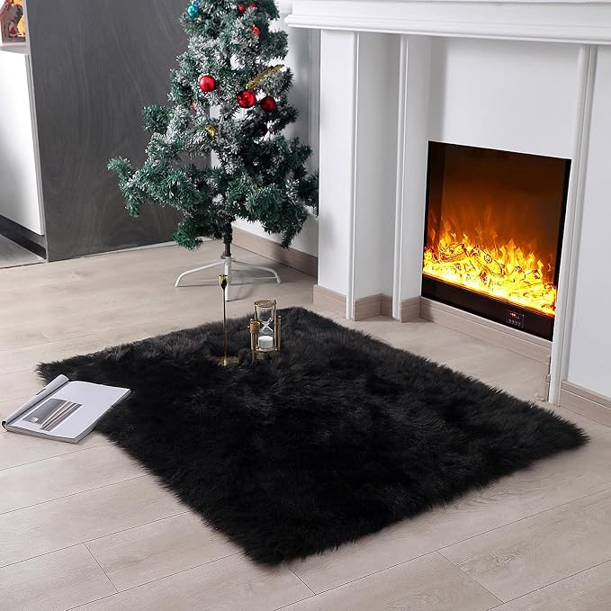 linmopm Faux Fur Sheepskin Rug, Black, 3x4 ft | Shag Fluffy Fuzzy, Rectangle, High-Density Cushion, For Bedroom Bedside Living Room, Plush Sofa Cover