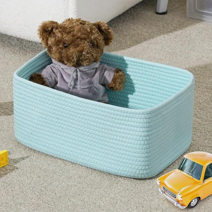 3 Pack Storage Baskets for Organizing, 13.7×9.5×6.3", Light Blue | Woven Baskets for Shelves, Cotton Rope Basket for Gifts Empty, Closet Organizer Bins with Handles, Cube Decorative Box
