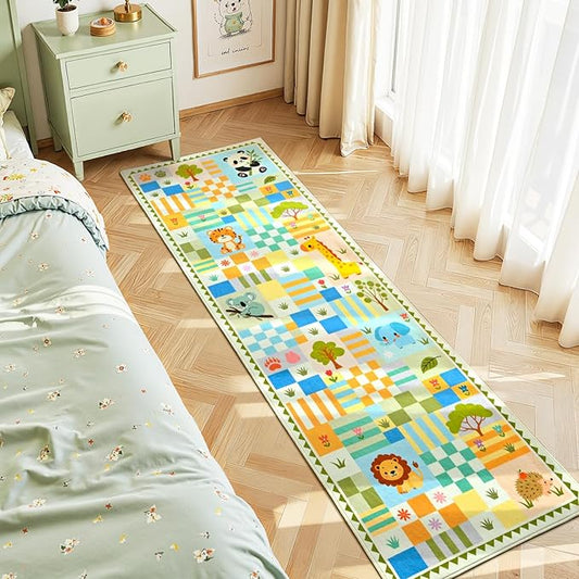 Washable 2x6 Green Runner Rug, Soft Non-Slip Low Pile Carpet for Hallway, Bedroom & Playroom, Cute Colorful Animal Checkered Floor Mat