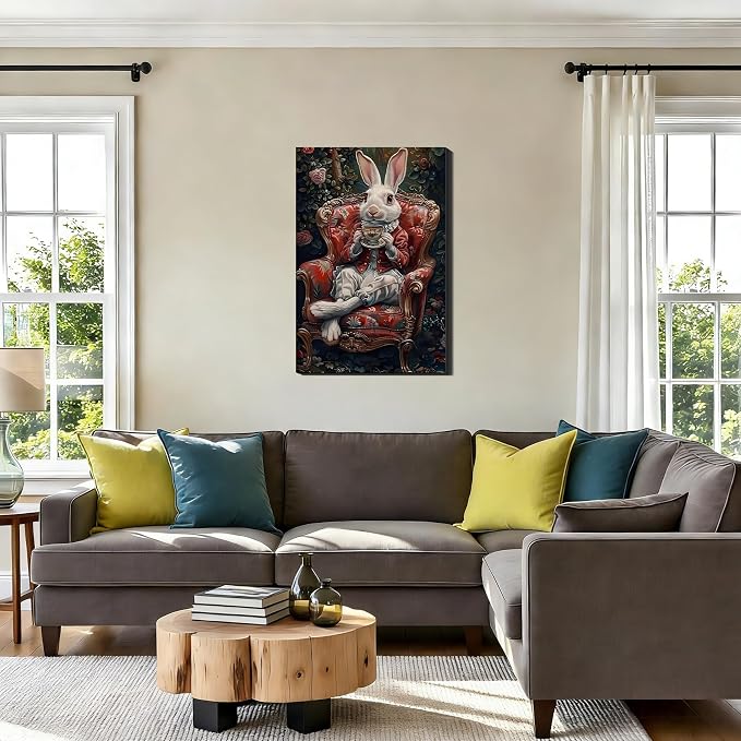 Noble Gentleman Easter Rabbit Canvas Print, Vintage Framed Bunny Art for Office Wall Decor, Victoria Spring Canvas Art Pictures for Living Room Hallway Holiday Wall Decoration